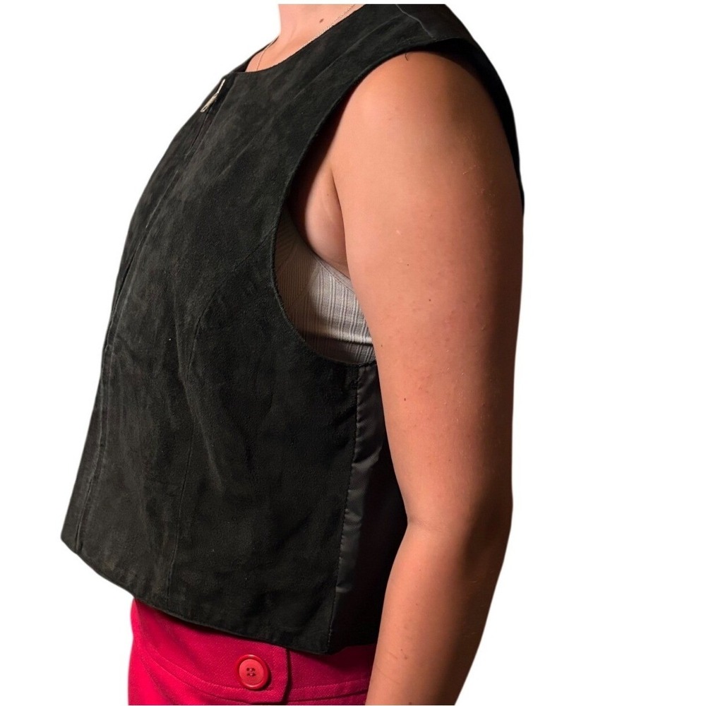 Marsh Landing Vest Womens PL Black Good Leather Suede Front Zip Mixed Media - Picture 3 of 6